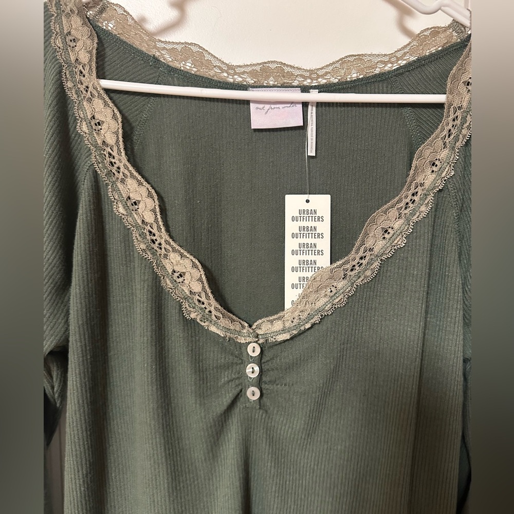 Urban Outfitters Olive Green Lace-Trim Ribbed Long Sleeve Top - Picture 8 of 11